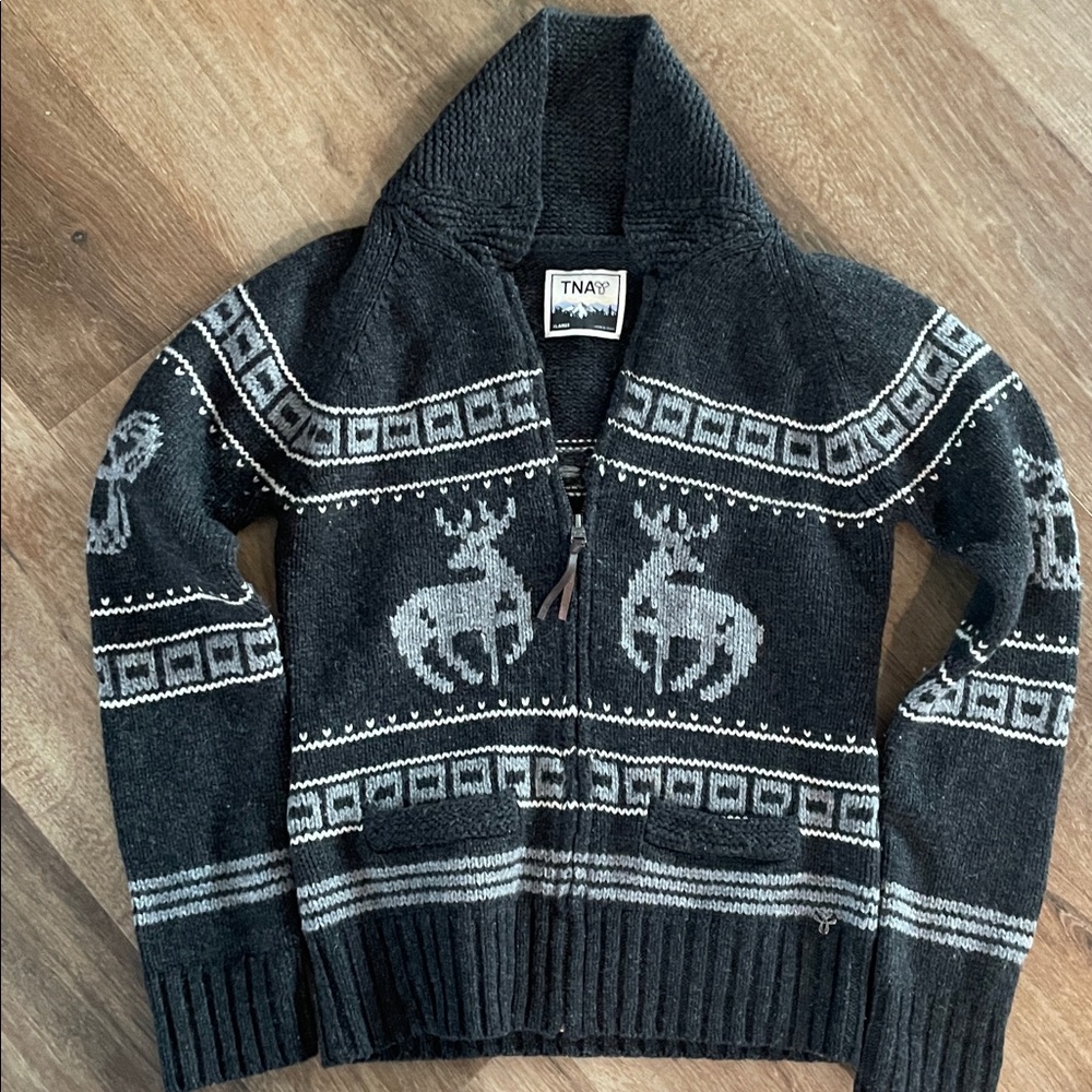 100% Lambswool Aritzia TNA Cabin Shawl Collar Zip Sweater Fair Isle